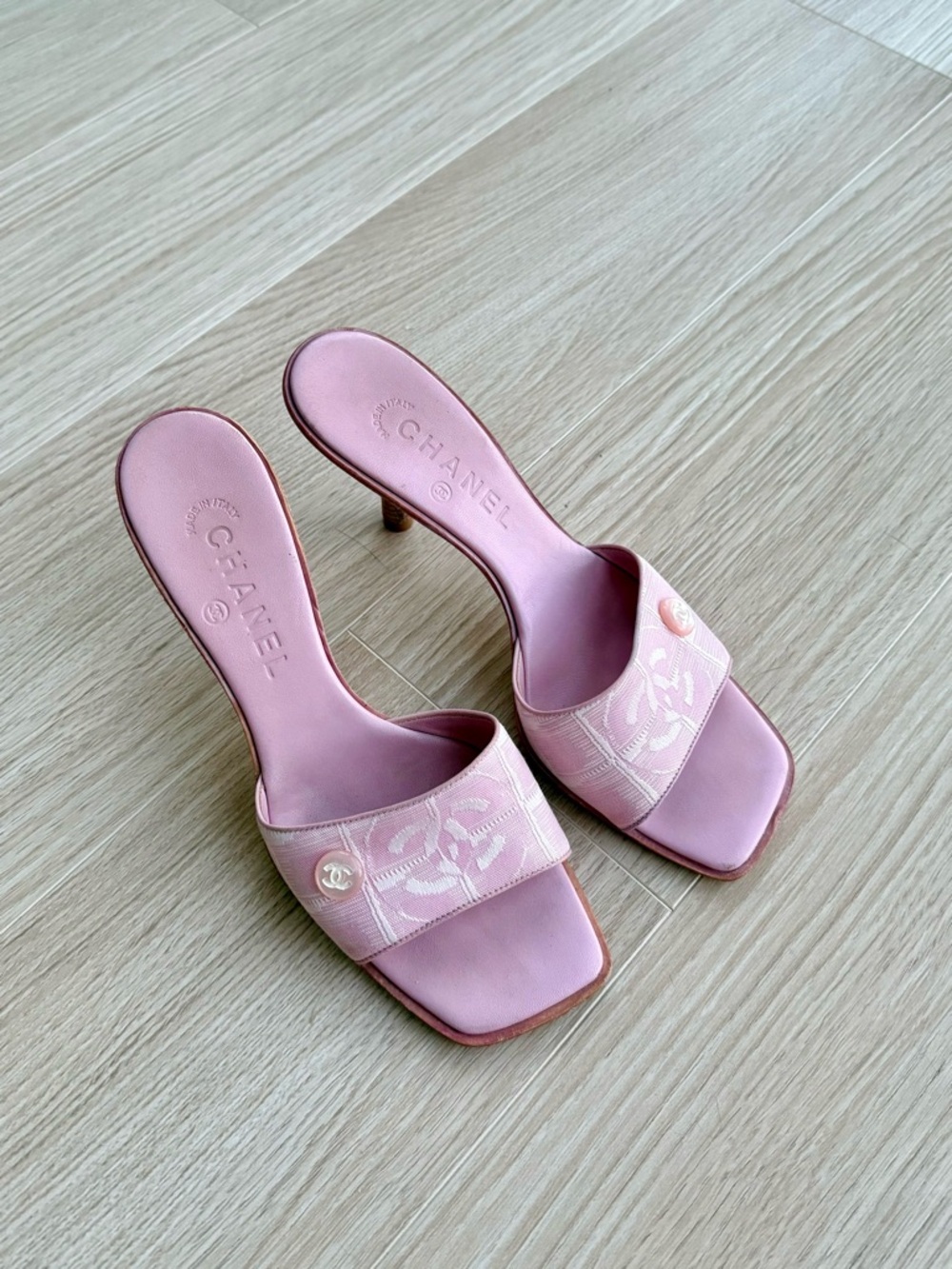 Authentic CHANEL Pink Camellia-Embroidered Slide Mules Stilettos heels